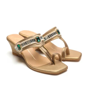 Antique Gold Pearl & Emerald Crystal Embellished Wedge Heels