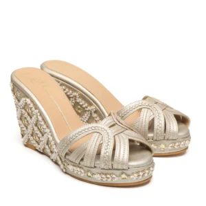 Gold Embroidered Strappy Wedge Heels