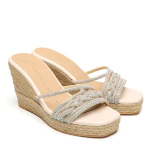 Beige Swarovski Strappy Espadrille Wedge Heels