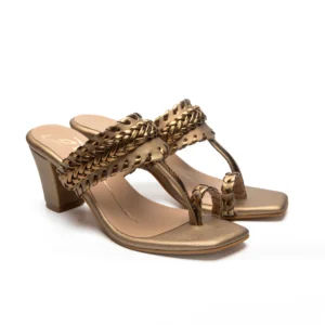 Antique Gold Textured Braided Strap Block Heels