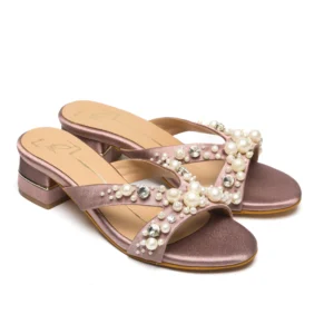 Nude Embellished Pearl Block Heels