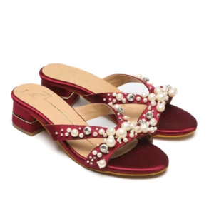 Wine Embellished Pearl Block Heels