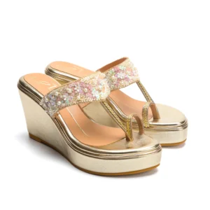 Gold Floral Embellished Wedge Heels