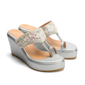 Silver Floral Embellished Wedge Heels