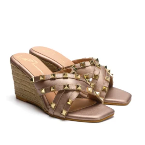 Rose Gold Studded Strap Espadrille Wedge Heels