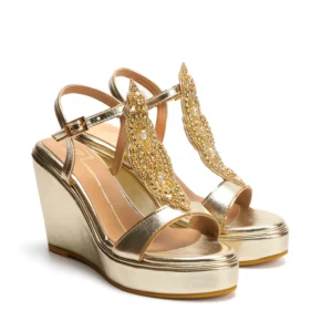 Gold Embellished Ankle Strap Wedge Heels