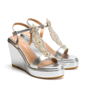 Silver Embellished Ankle Strap Wedge Heels
