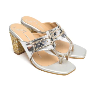 Silver Embellished Toe-Ring Block Heels