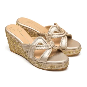 Gold Embroidered Platform Wedge Heels