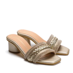 Gold Swarovski Braided Strap Block Heels