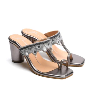 Gunmetal Embellished Toe-Ring Block Heels