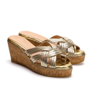 Gold Pleated Strap Cork Wedge Heels