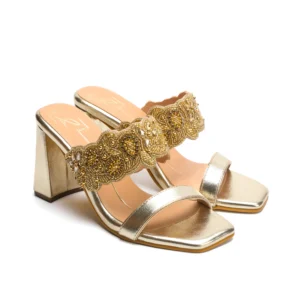 Gold Embroidered Embellished Block Heels