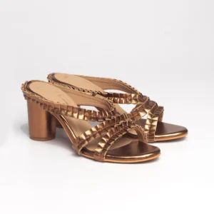 Antique Gold Textured Cross-Strap Block Heels