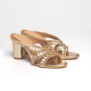Gold Textured Cross-Strap Block Heels