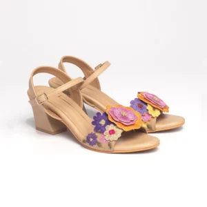 Beige Floral Embroidered Ankle-Strap Block Heels