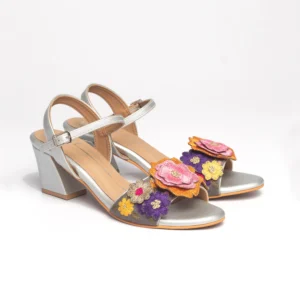 Silver Floral Embroidered Ankle-Strap Block Heels