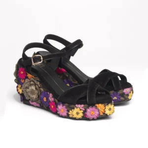 Black Floral Embroidered Platform Wedge Heels