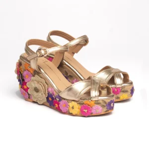 Gold Floral Embroidered Platform Wedge Heels