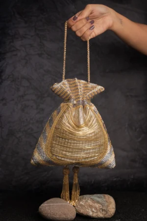 Gold Thread & Beaded Embroidered Potli with Curved Pattern and Tassel Finish