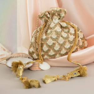 Ivory and Gold Sequins Scalloped Potli with Delicate Pearl Embellishment