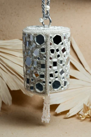 Silver White Mirror and Abla Work Cylindrical Potli with Elegant Finish
