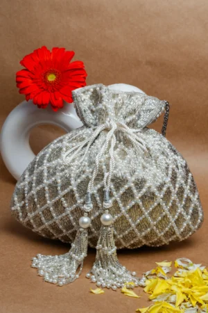 Shaded White & Silver Potli with Criss-Cross Delicate Pearl Embellishment