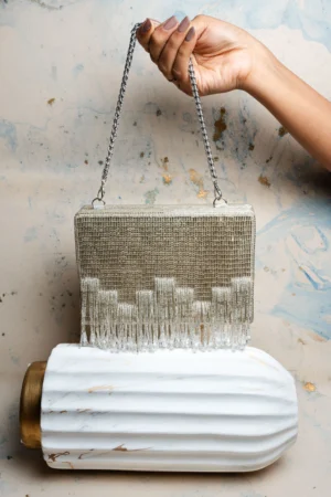 Black Salli Work Potli with Diamond-Studded Handle and Matching Tassels