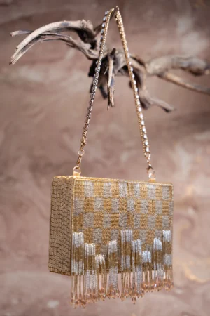 Gold Gatsby-Inspired Tassel Box Clutch with Glamorous Metallic Detailing