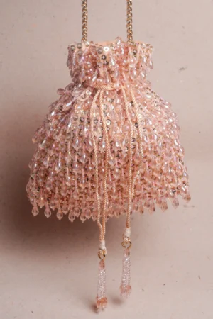 Rose Pink Beaded Potli with Dangling Jewels and Subtle Sequin Finish
