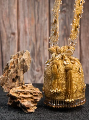 Water Crystal Chic Orb Gold Potli with Beadwork, Sequins and Crystal Handle