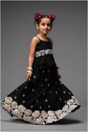 Charcoal black embroidred lehenga with peplum top