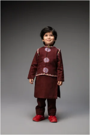 Deep Wine Embroidered Nehru Jacket Set with Kurta and Pants