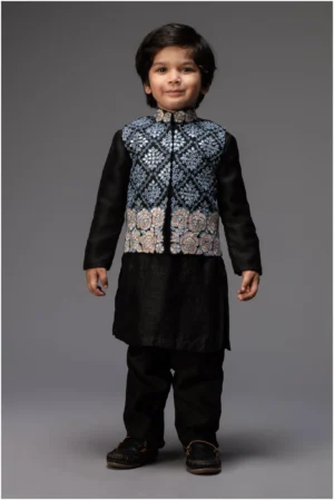 Charcoal Black Embroidered Nehru Jacket with Kurta and Pants