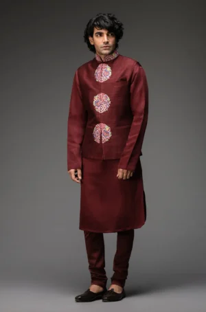 Deep wine nehru jacket with kurta and pants