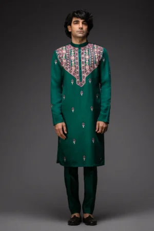 Emerald Green Embroidered Kurta Set with Thread Gota and Mirror Work Jacket and Narrow Pants