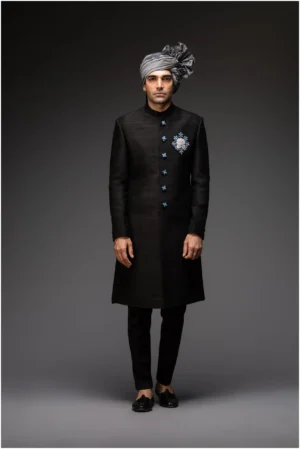 Charcoal Black Raw Silk Sherwani Set with Embroidered Buttons Crest and Narrow Pants