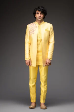 Lemon yellow jacket with kurta and pants