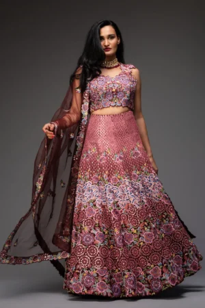 Deep wine embroidered lehenga choli and dupatta