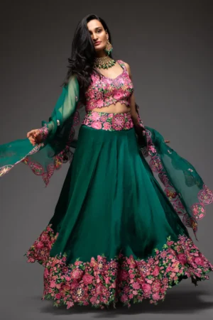 Emerald Green Satin Organza Lehenga Choli with Gota Thread & Mirror Work Embroidery and Net Dupatta