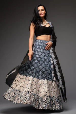 Charcoal black embroidred lehenga, with choli and dupatta