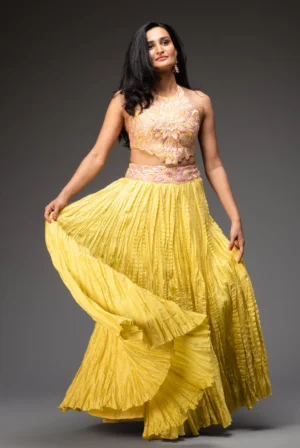 Lemon yellow crinckled lehenga with embroidered choli top
