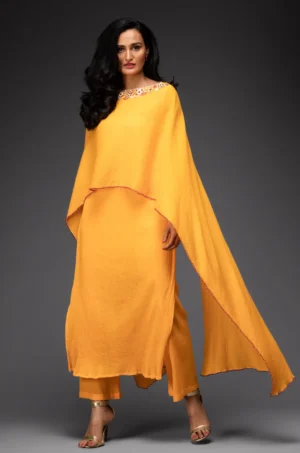 Amber yellow crinckled draped embroidered kurta with matching pants