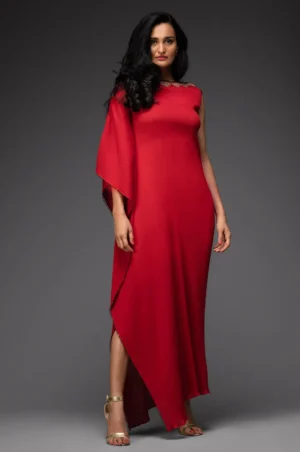 Ox Red Crinkled Cotton Draped Maxi Kaftan with Beadwork Embroidered Neckline