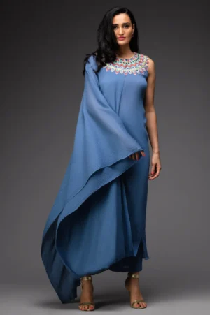 Cerulean blue draped kurta with pants