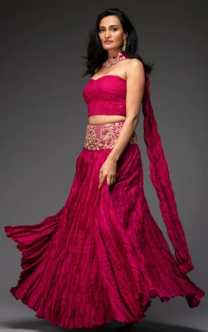 Magenta pink embroidered lehenga choli with jewel dupatta