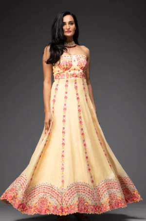 Pale Yellow Organza Embroidered Maxi Dress with Gota, Thread & Mirror Work