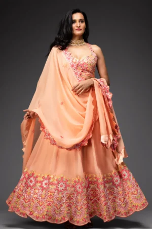 Peach embroidered lehenga, choli and dupatta