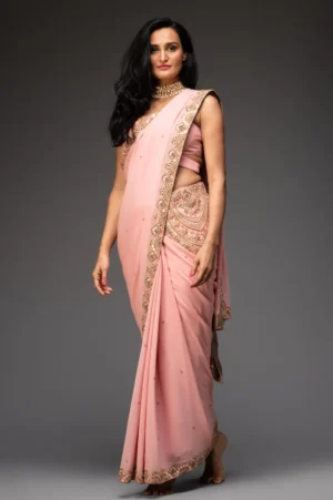 Nude pink embroidered saree with matching cross over blouse