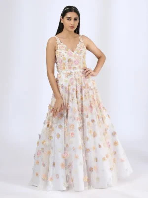 Ivory Tulle Gown with 3D Embroidered Floral Detailing and V Neck